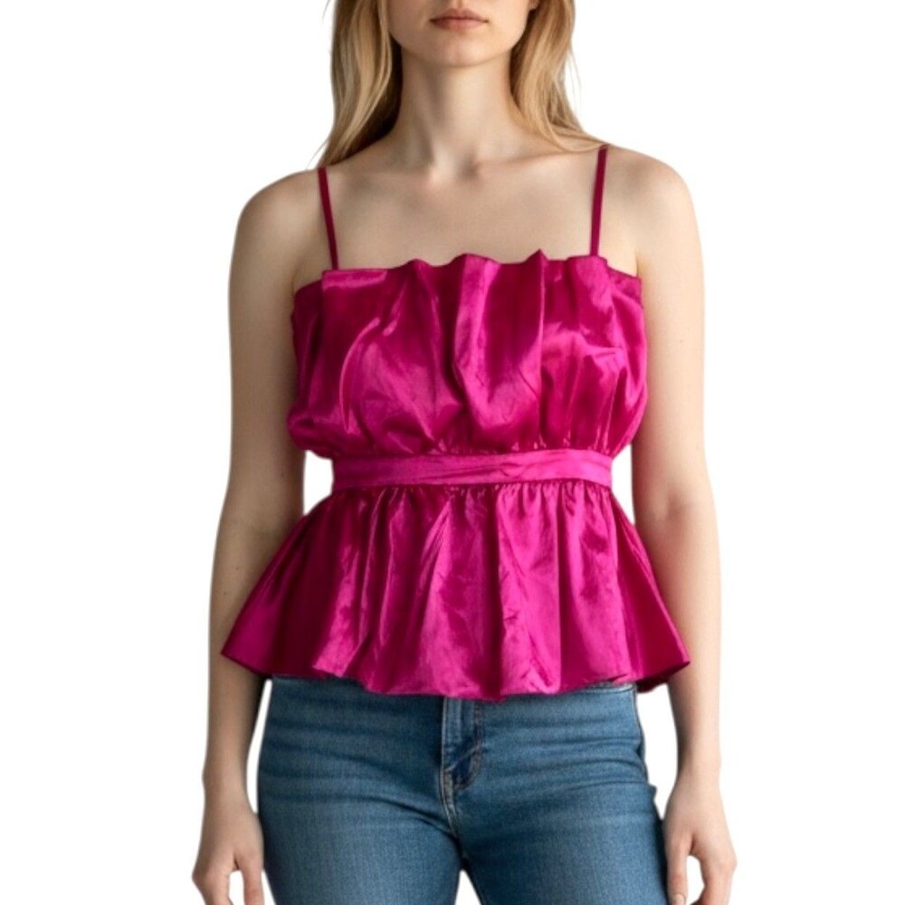 Thirty Thirty Junior's Pleated Ruffle Blouse Top Sleeveless Zip Size XL Hot Pink